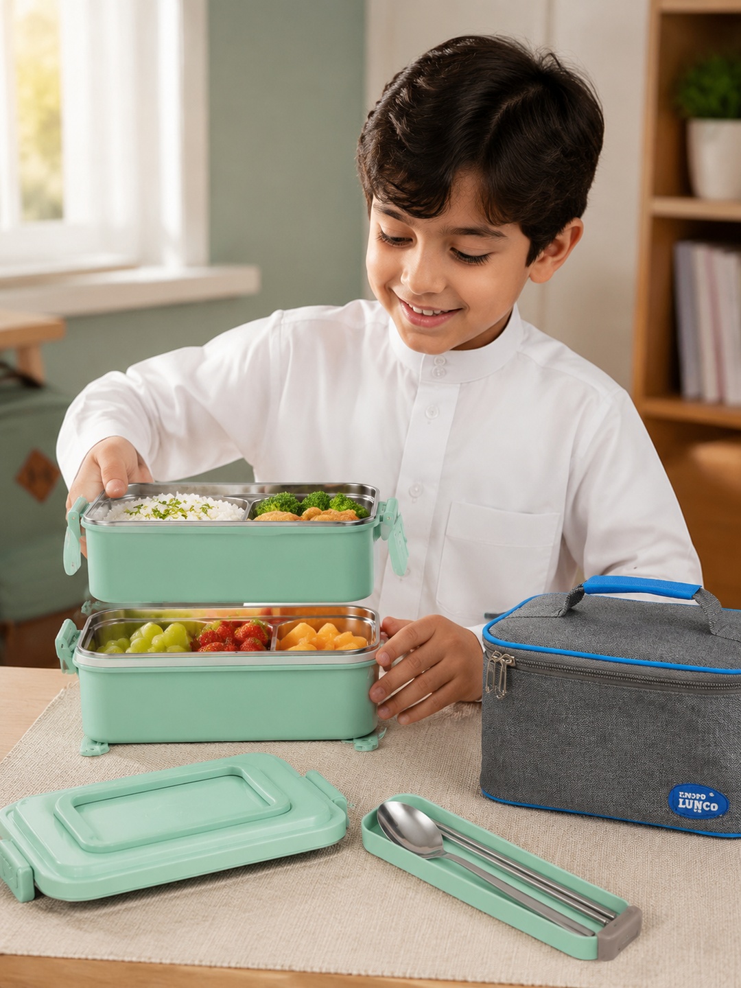 Green 1800ml 2-Tier Stainless Steel Lunch Box with Utensils Bag