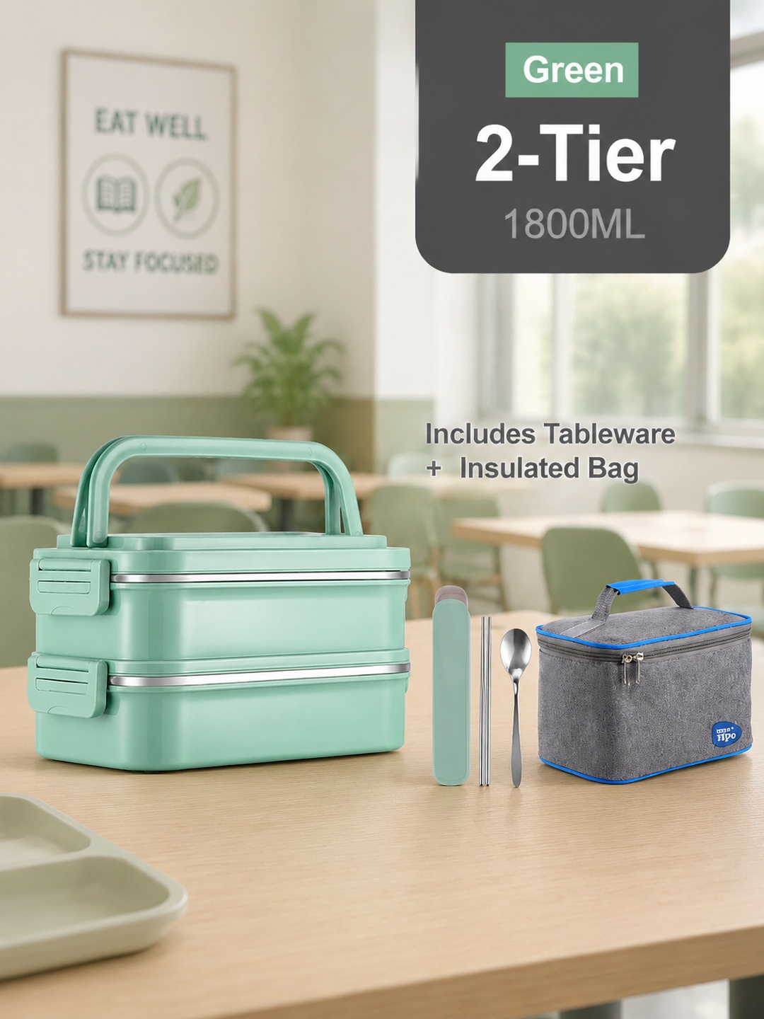 Green 1800ml 2-Tier Stainless Steel Lunch Box with Utensils Bag