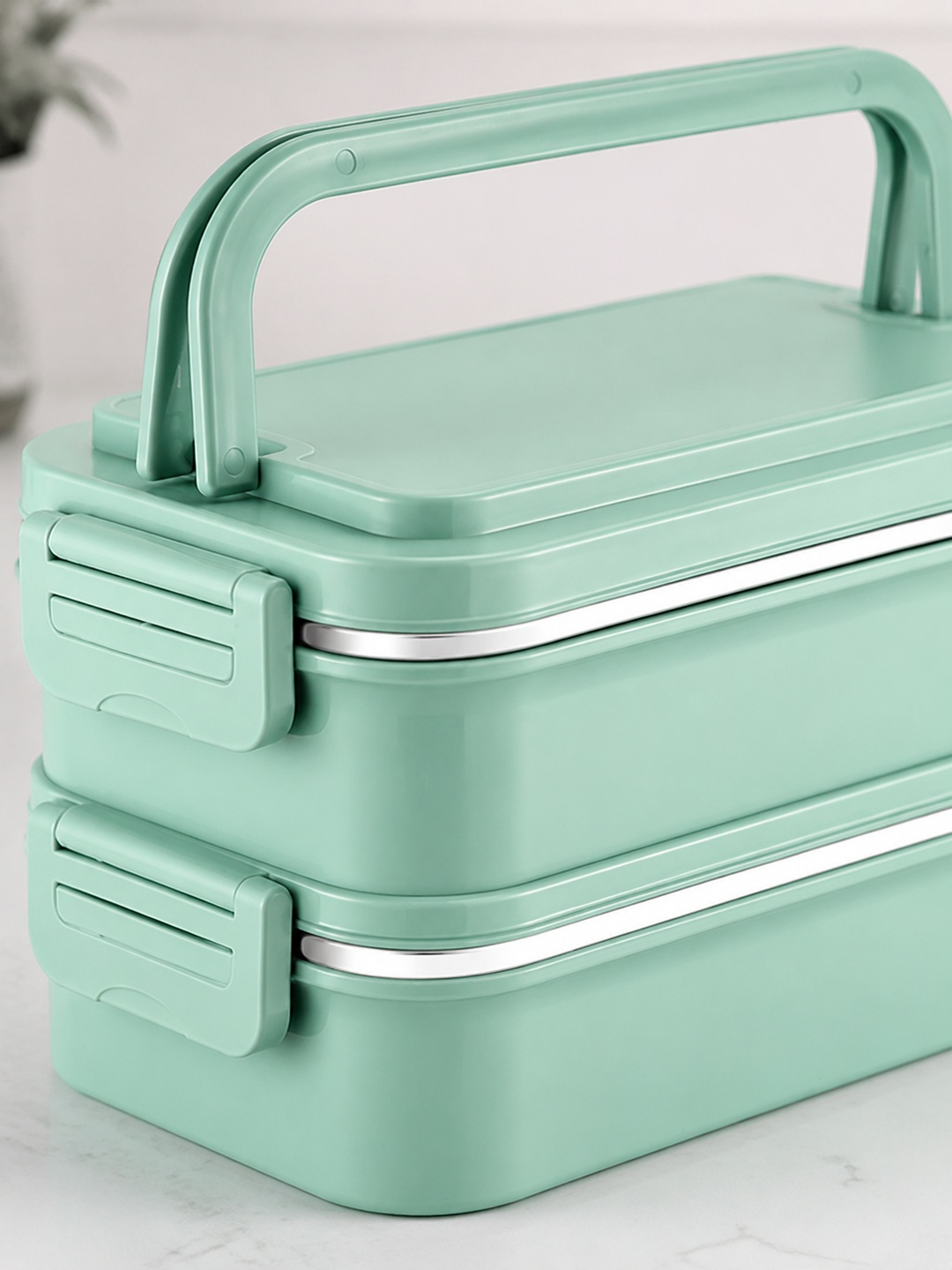 Green 1800ml 2-Tier Stainless Steel Lunch Box with Utensils Bag