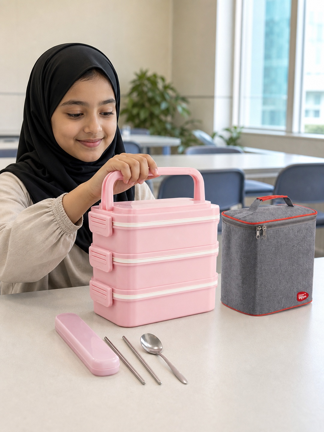 Pink 3-Tier 2700ml Insulated Lunch Box with Utensils and Carry Bag