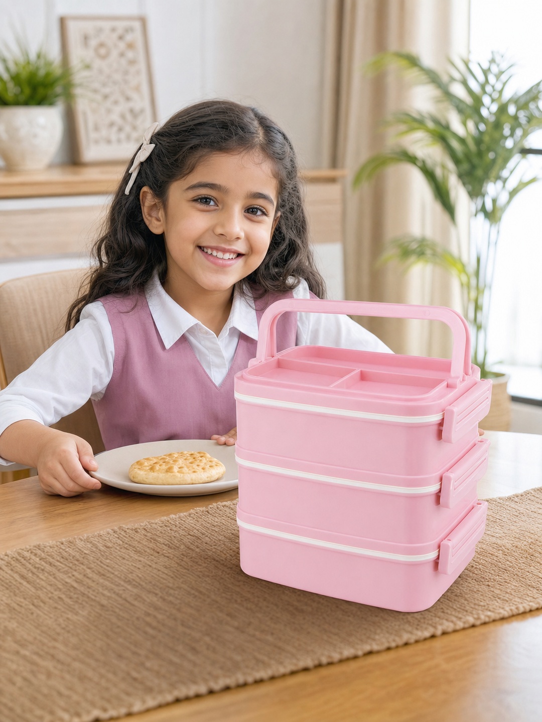 Pink 3-Tier 2700ml Insulated Lunch Box with Utensils and Carry Bag