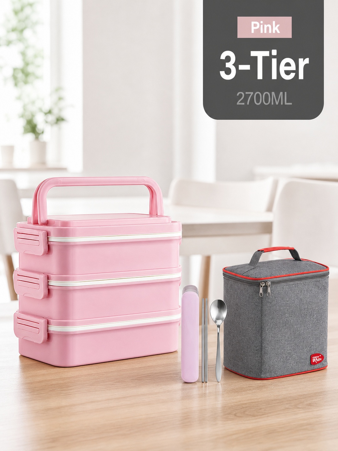 Pink 3-Tier 2700ml Insulated Lunch Box with Utensils and Carry Bag