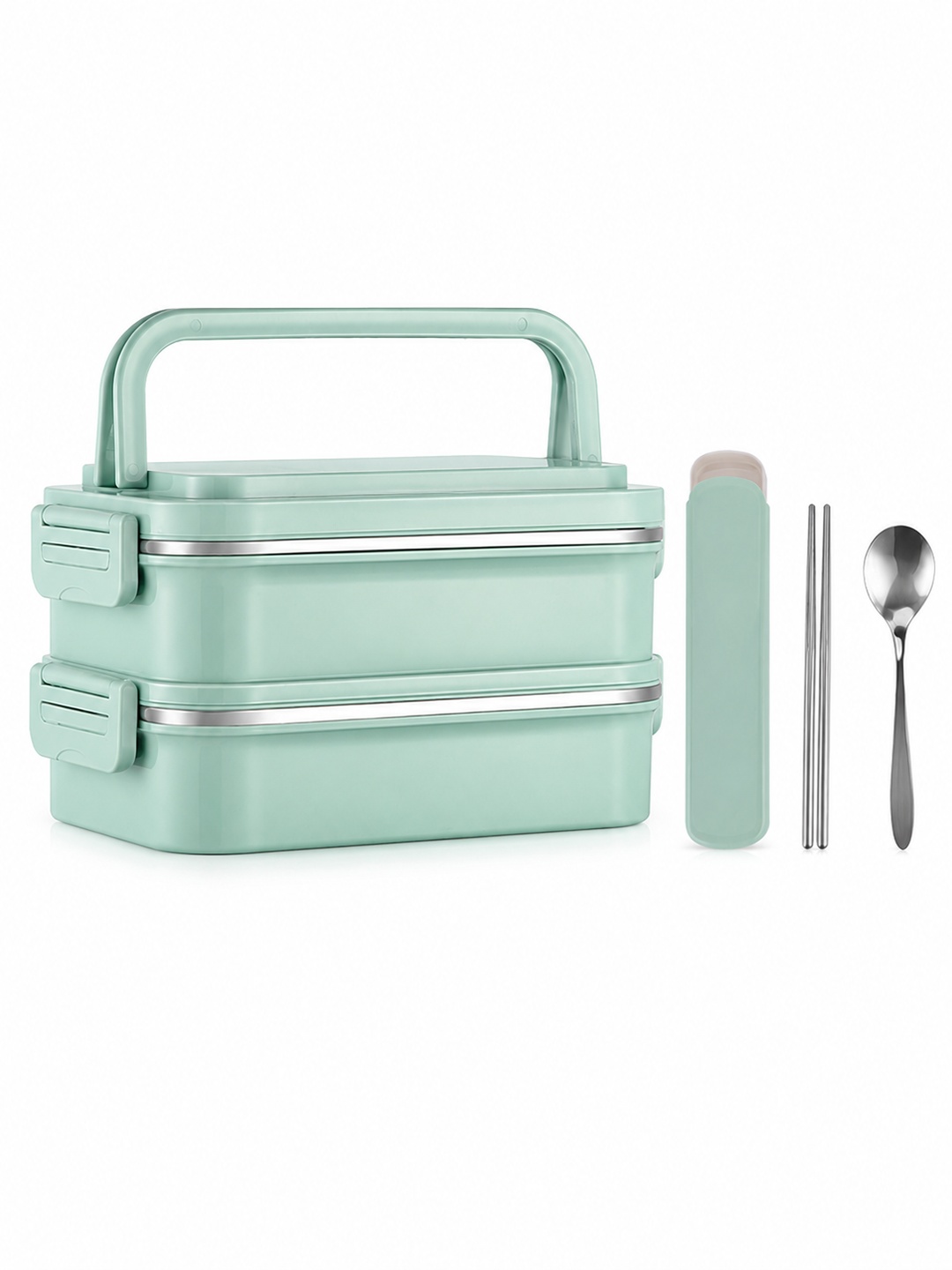 Green 2-Tier 1800ml Stainless Steel Lunch Box with Utensils
