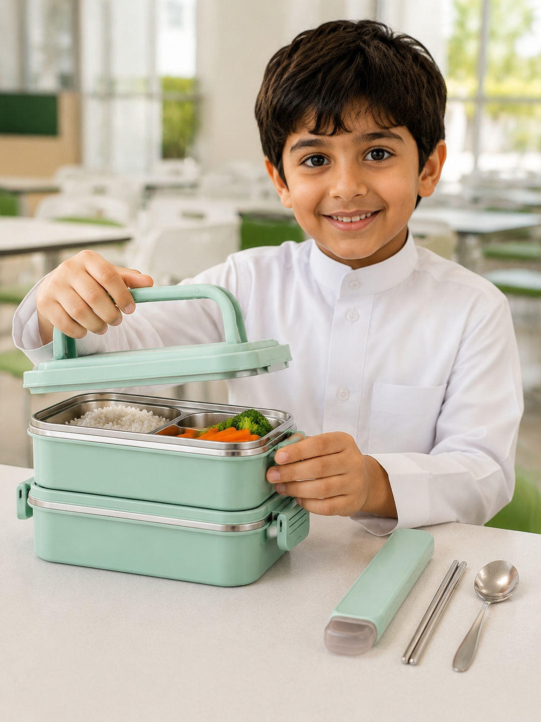 Green 2-Tier 1800ml Stainless Steel Lunch Box with Utensils