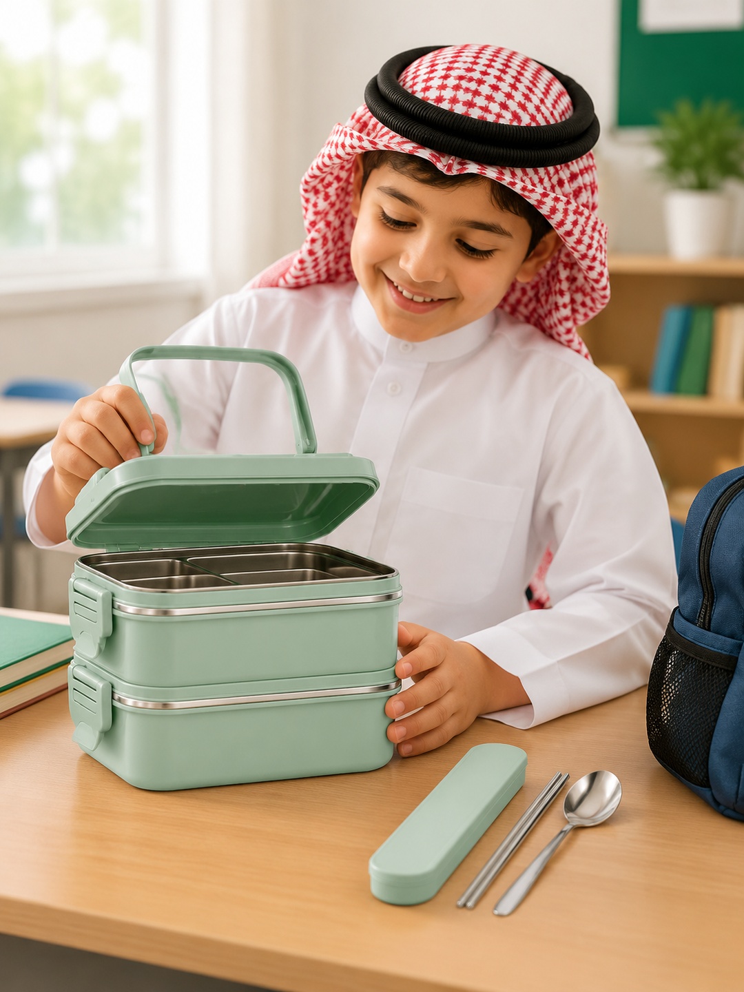 Green 2-Tier 1800ml Stainless Steel Lunch Box with Utensils
