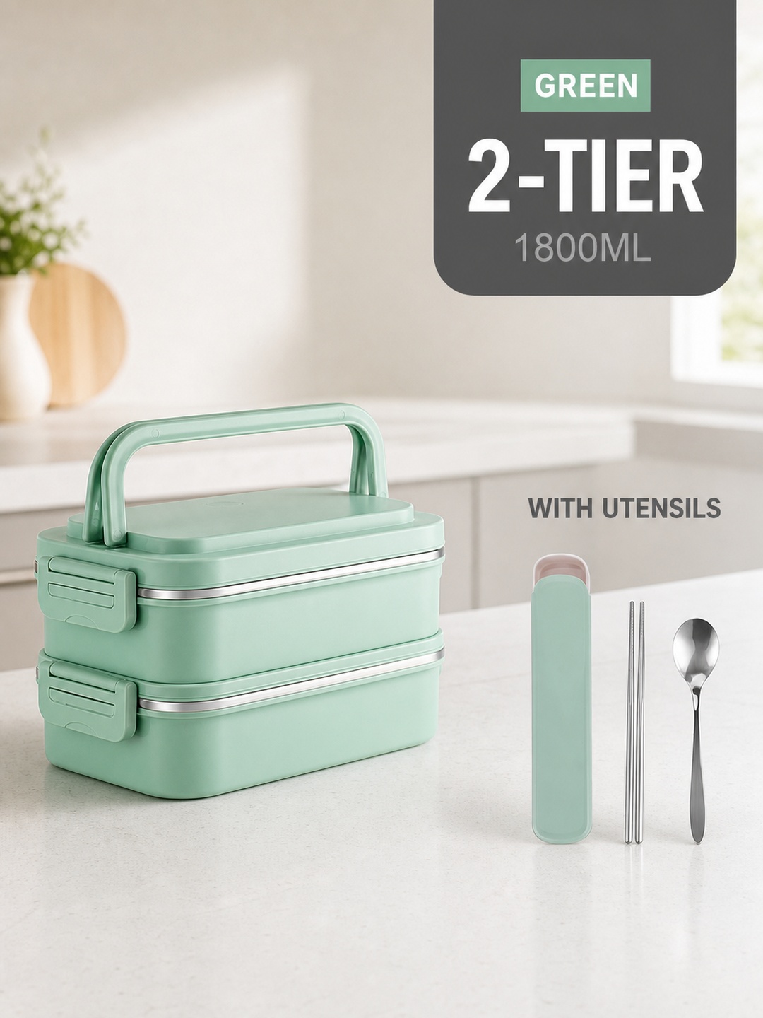 Green 2-Tier 1800ml Stainless Steel Lunch Box with Utensils
