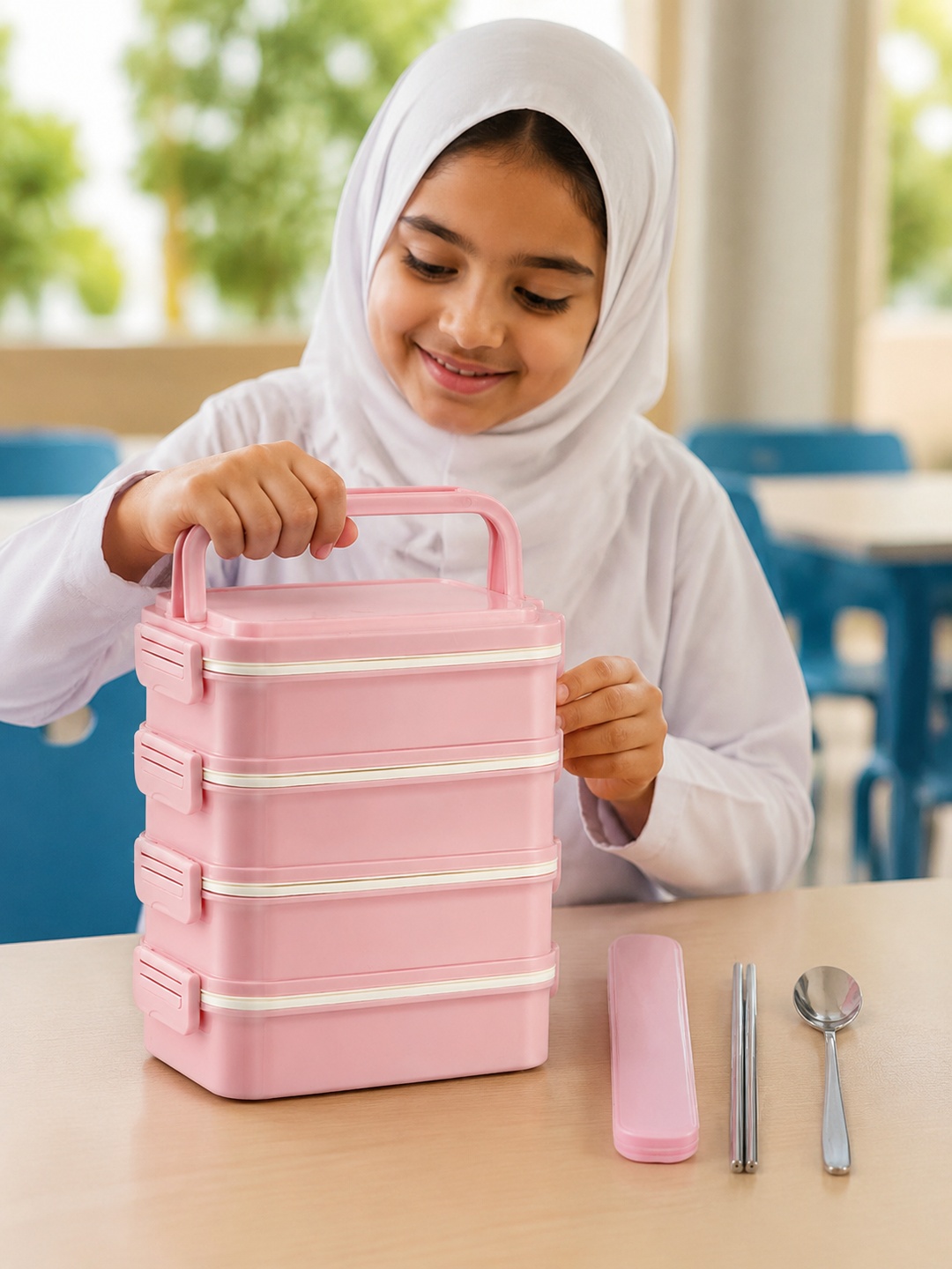Pink 4-Tier 3600ml Sealed Lunch Box with Spoon and Chopsticks