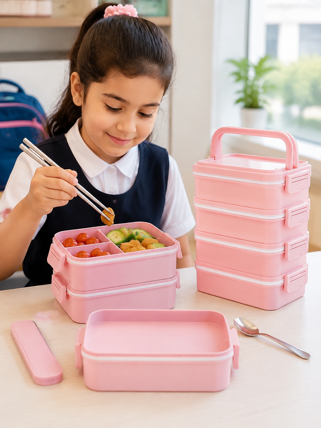 Pink 4-Tier 3600ml Sealed Lunch Box with Spoon and Chopsticks