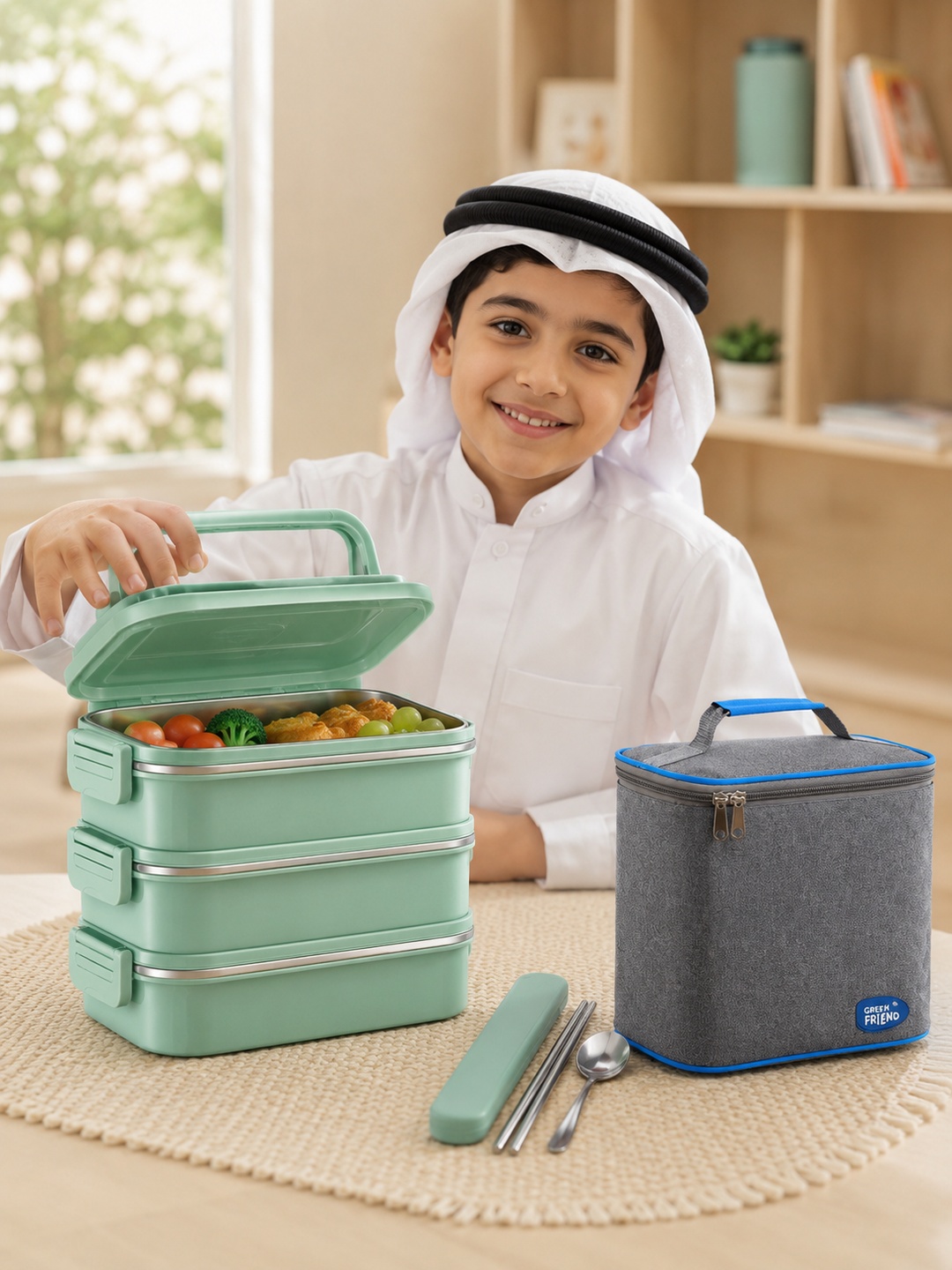 Green 3-Tier 2700ml Insulated Stainless Steel Lunch Box Set