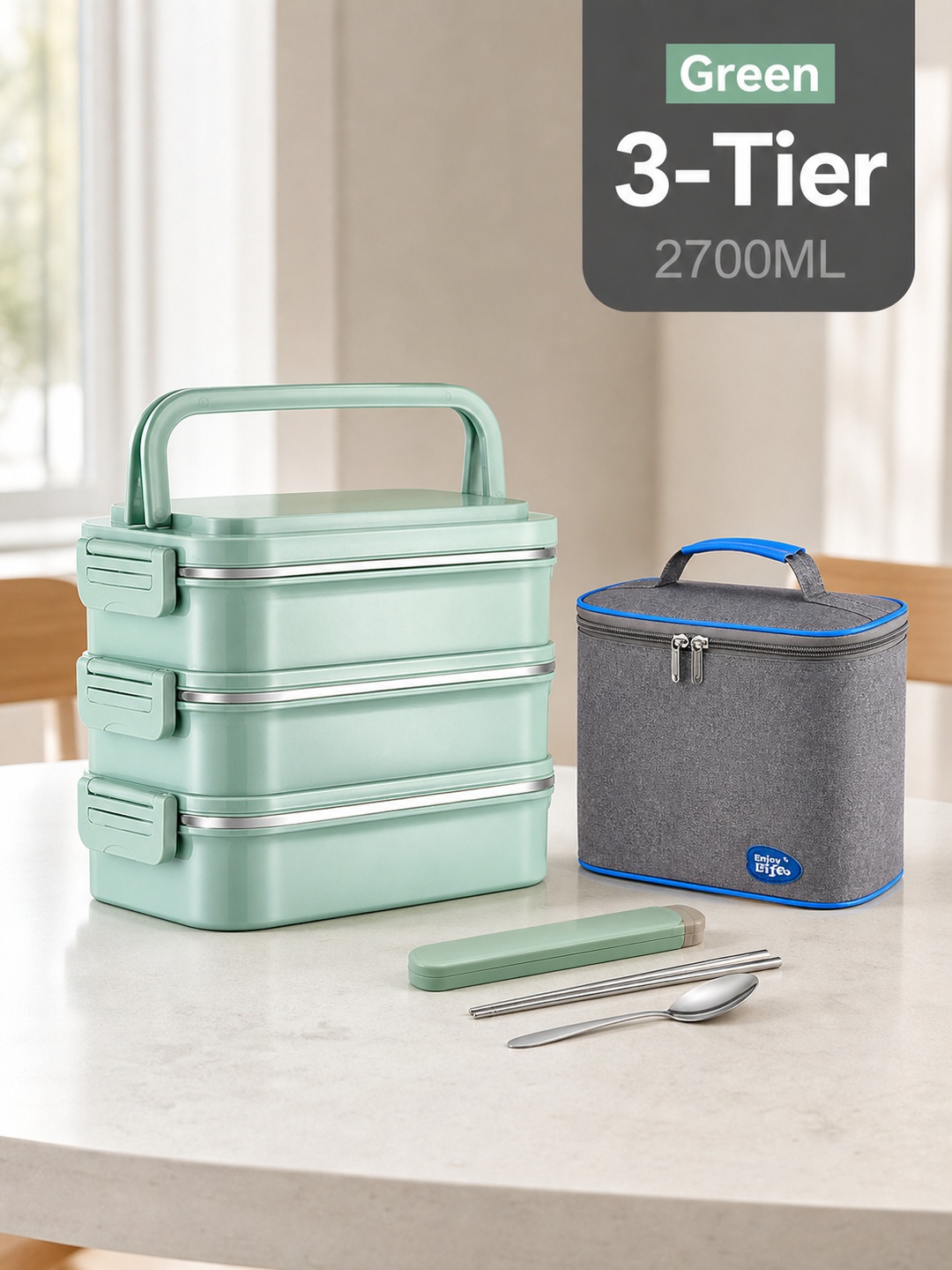 Green 3-Tier 2700ml Insulated Stainless Steel Lunch Box Set