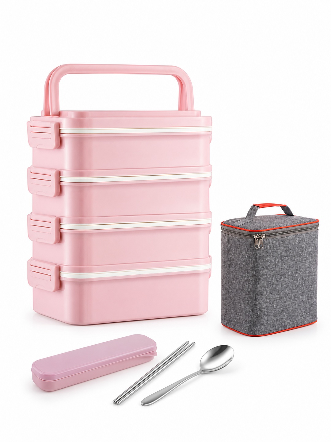 Pink 4-Tier 3600ml Lunch Box Set with Cutlery and Insulated Bag