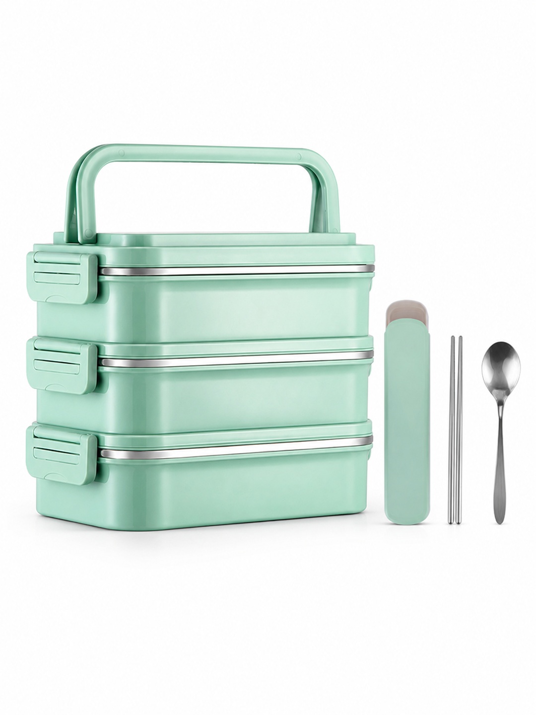 Green 3-Tier Stainless Steel Lunch Box, 2700ml with Spoon & Chopsticks