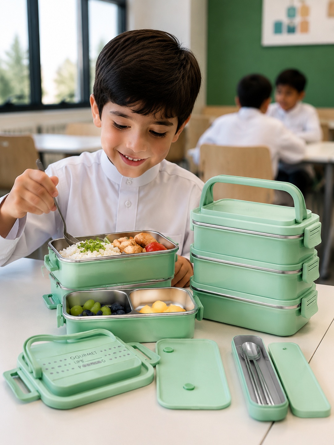 Green 3-Tier Stainless Steel Lunch Box, 2700ml with Spoon & Chopsticks