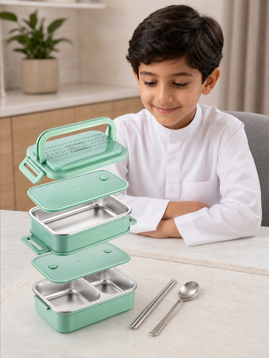 Green 3-Tier Stainless Steel Lunch Box, 2700ml with Spoon & Chopsticks