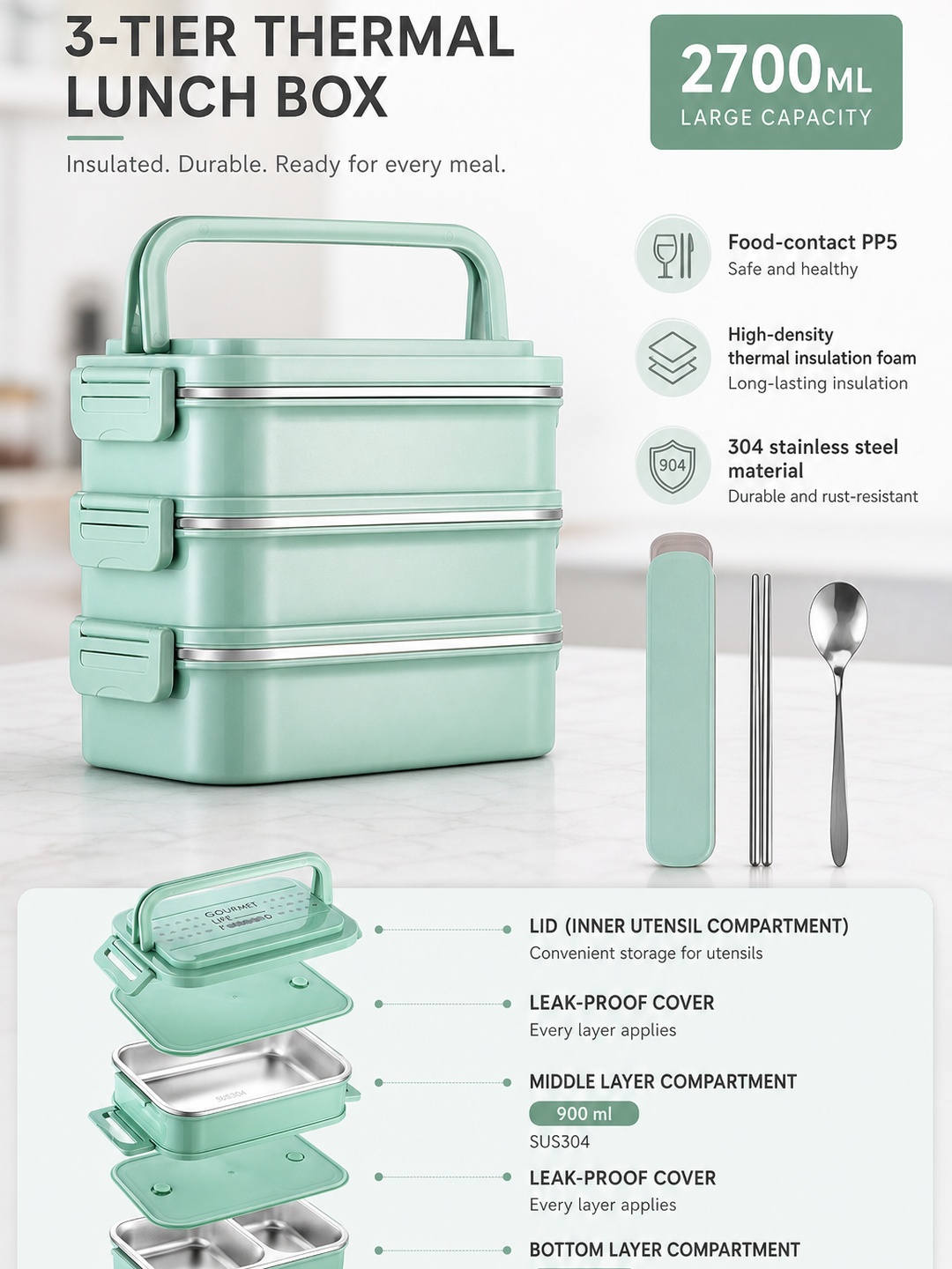Green 3-Tier Stainless Steel Lunch Box, 2700ml with Spoon & Chopsticks