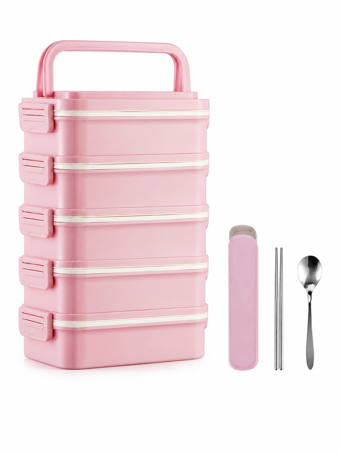 Pink 5-Tier 4500ml Sealed Lunch Box with Spoon and Chopsticks