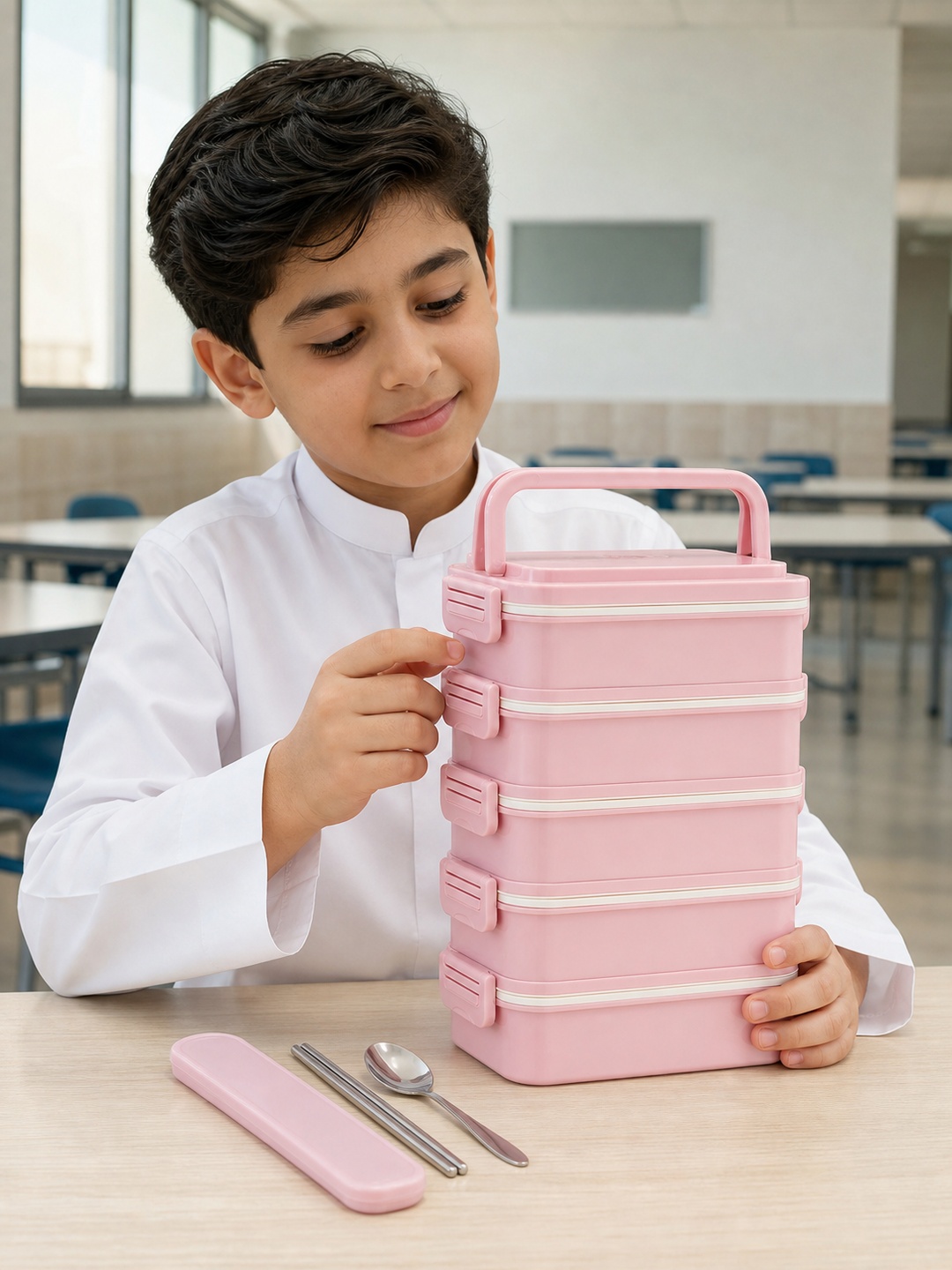Pink 5-Tier 4500ml Sealed Lunch Box with Spoon and Chopsticks