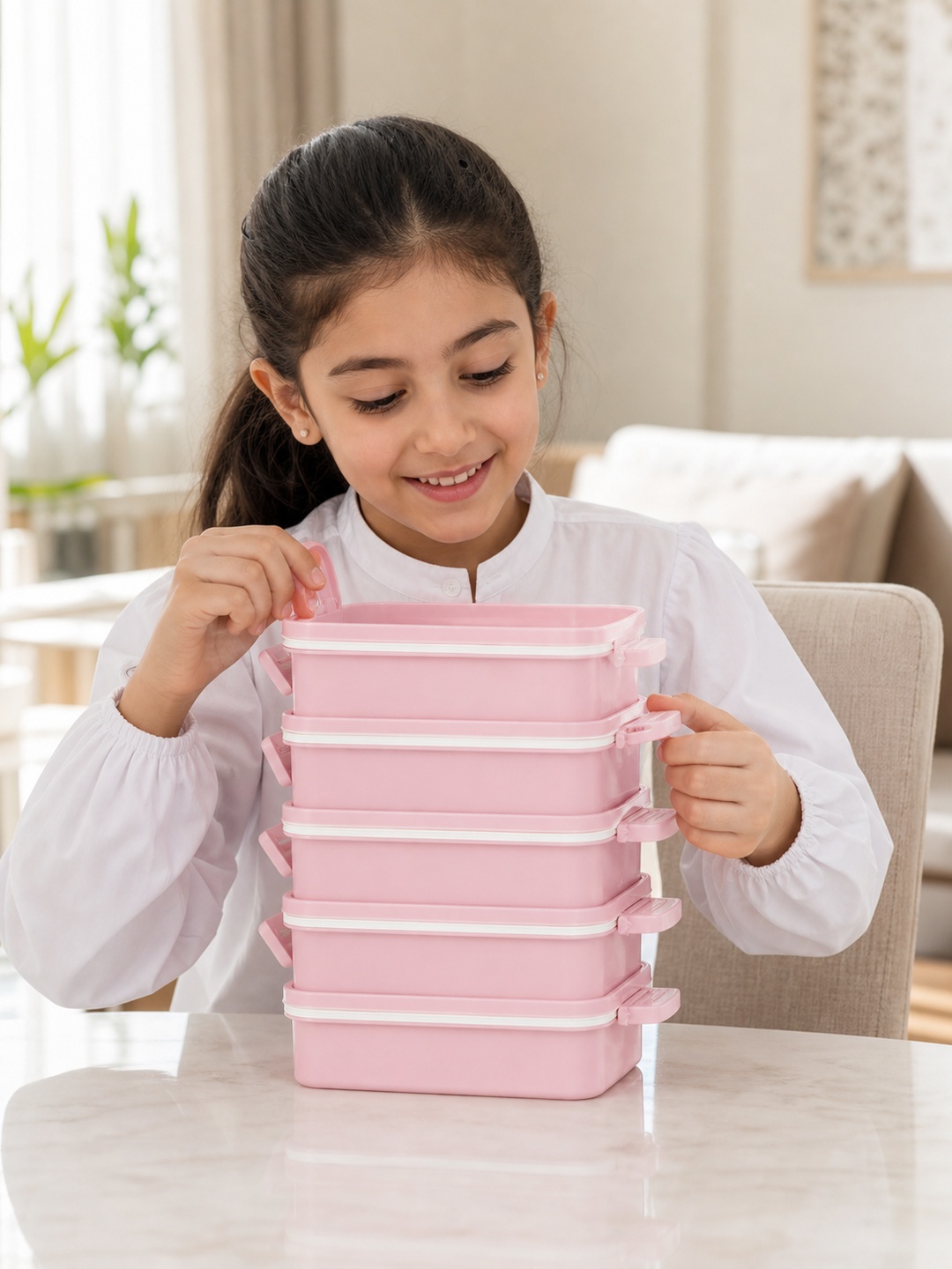 Pink 5-Tier 4500ml Sealed Lunch Box with Spoon and Chopsticks