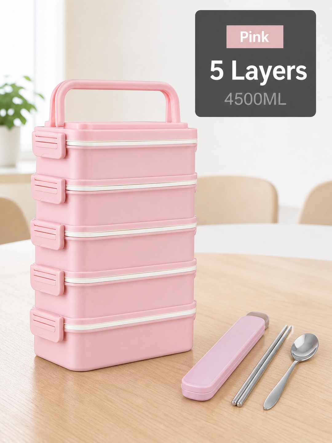 Pink 5-Tier 4500ml Sealed Lunch Box with Spoon and Chopsticks