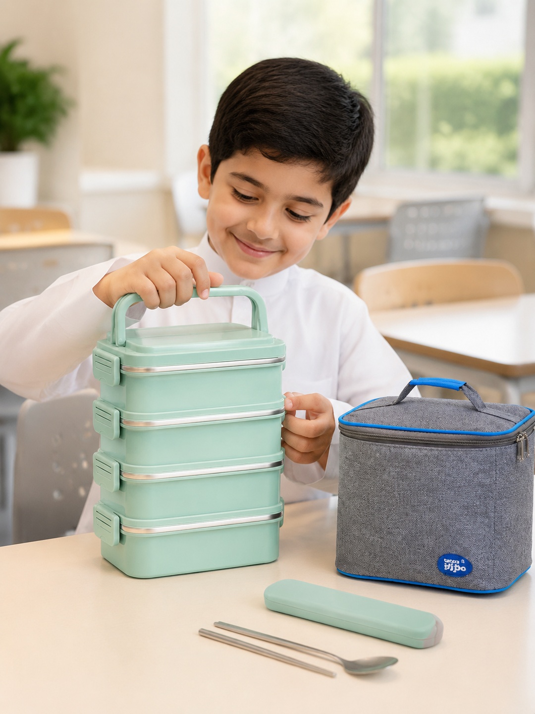 Green 4-Tier 3600 mL Stainless Steel Lunch Box with Utensils and Bag
