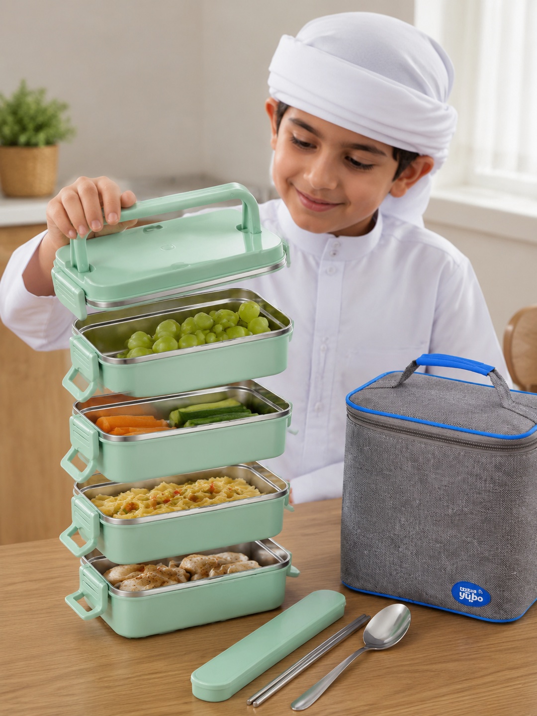 Green 4-Tier 3600 mL Stainless Steel Lunch Box with Utensils and Bag
