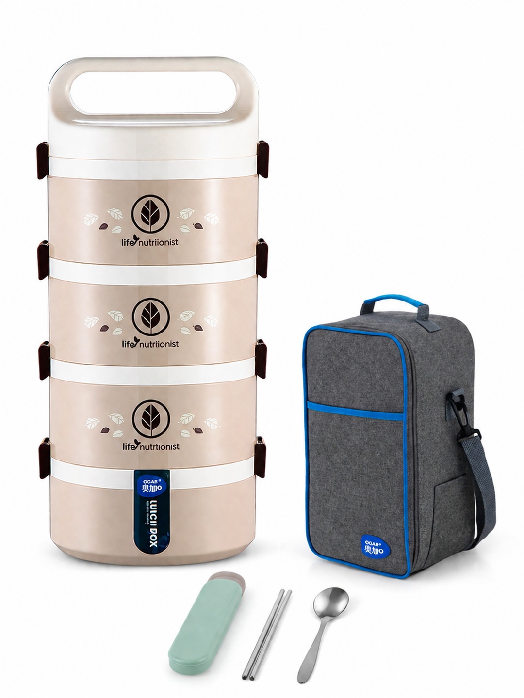 4-Tier 2450ml Stackable Lunch Box Set with Utensils and Carry Bag