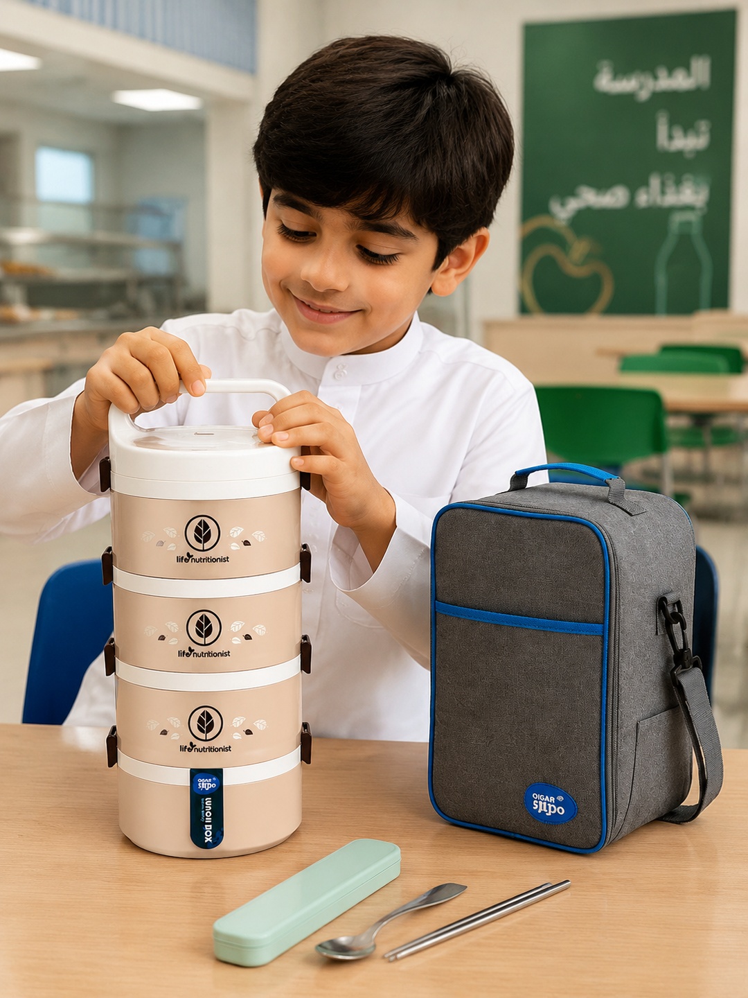 4-Tier 2450ml Stackable Lunch Box Set with Utensils and Carry Bag