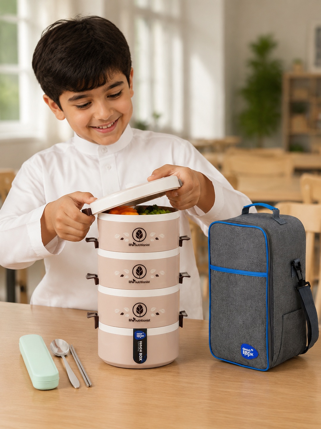 4-Tier 2450ml Stackable Lunch Box Set with Utensils and Carry Bag