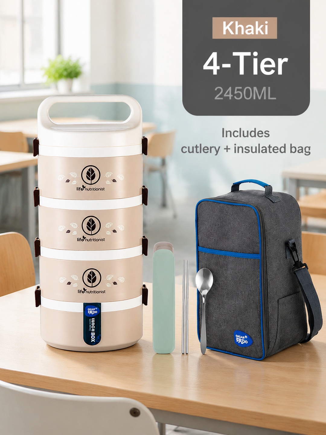 4-Tier 2450ml Stackable Lunch Box Set with Utensils and Carry Bag