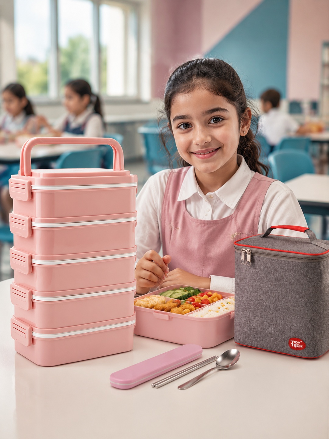 Pink 5-Tier 4500ml Insulated Lunch Box with Utensils and Bag