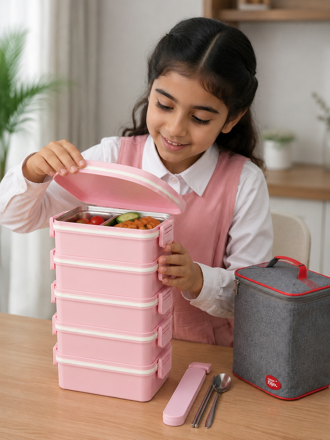 Pink 5-Tier 4500ml Insulated Lunch Box with Utensils and Bag