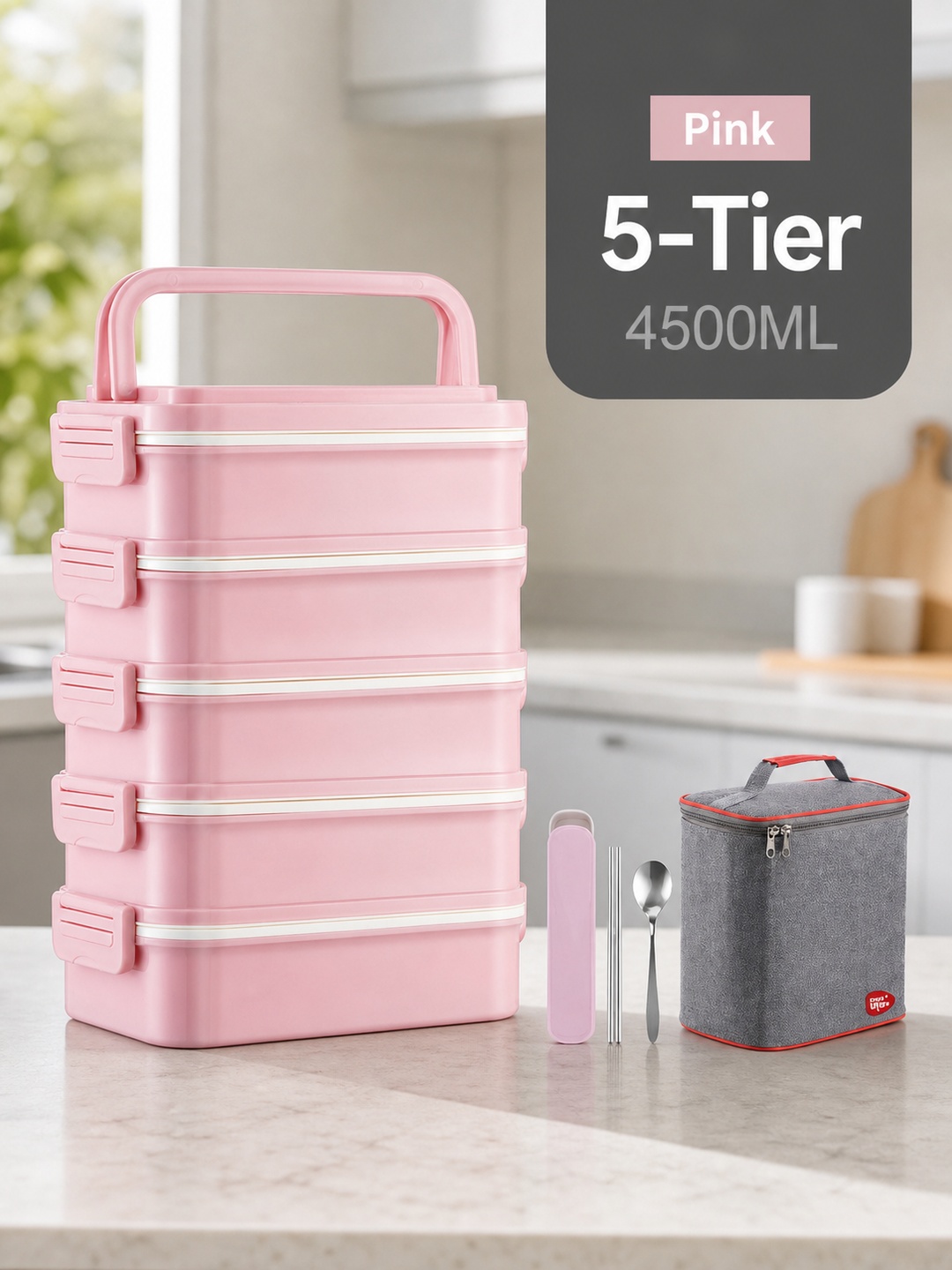 Pink 5-Tier 4500ml Insulated Lunch Box with Utensils and Bag