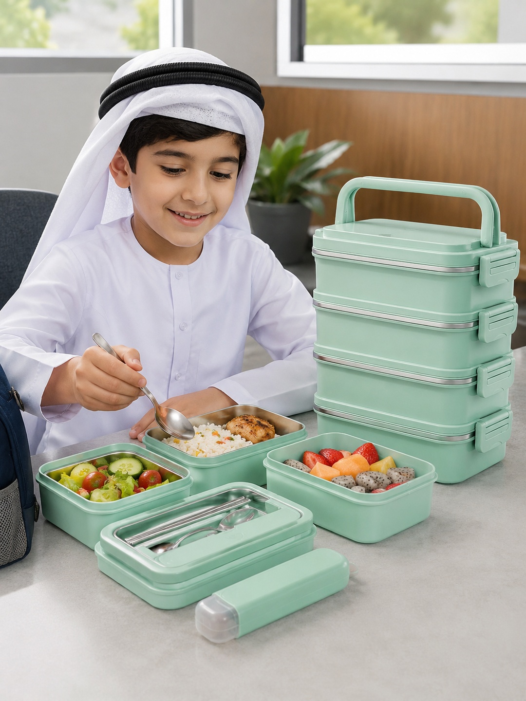 Green 4-Tier 3600ml Stainless Steel Insulated Lunch Box Set