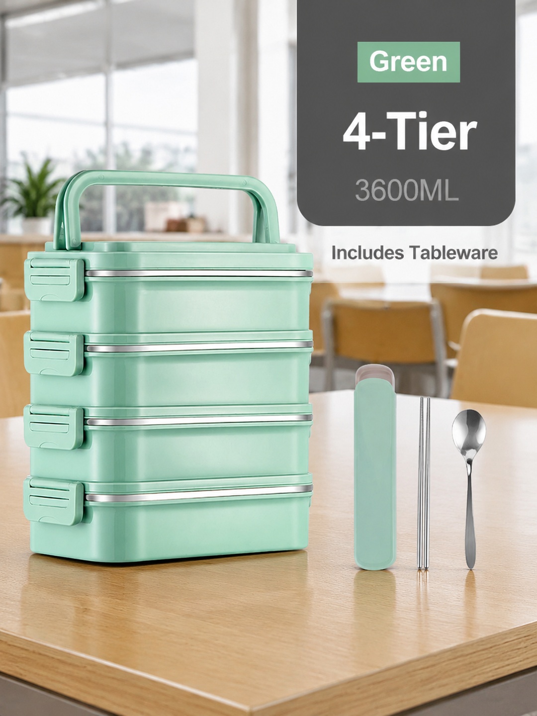 Green 4-Tier 3600ml Stainless Steel Insulated Lunch Box Set