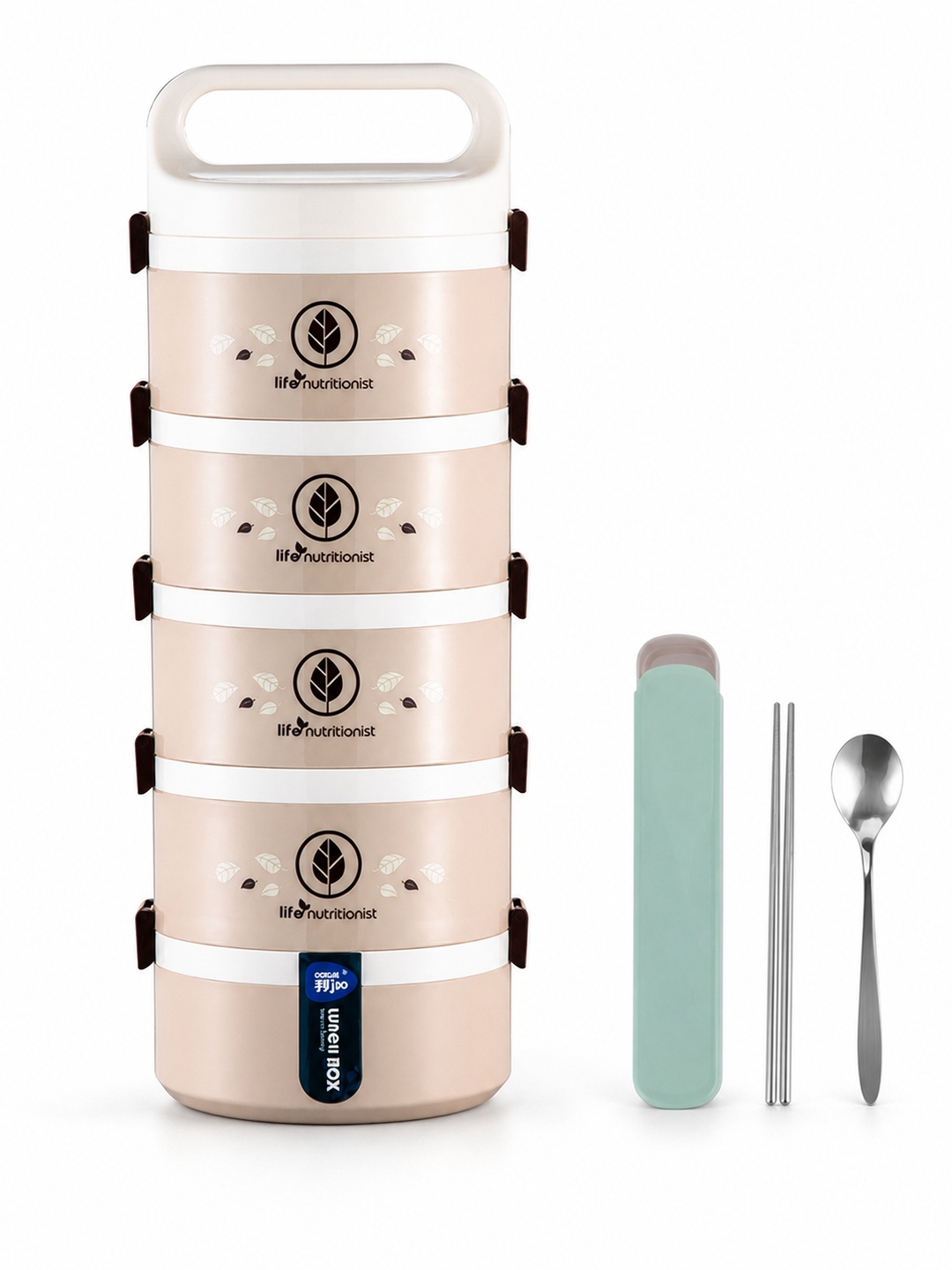 Beige 5-Tier 3050ml Insulated Lunch Box with Cutlery