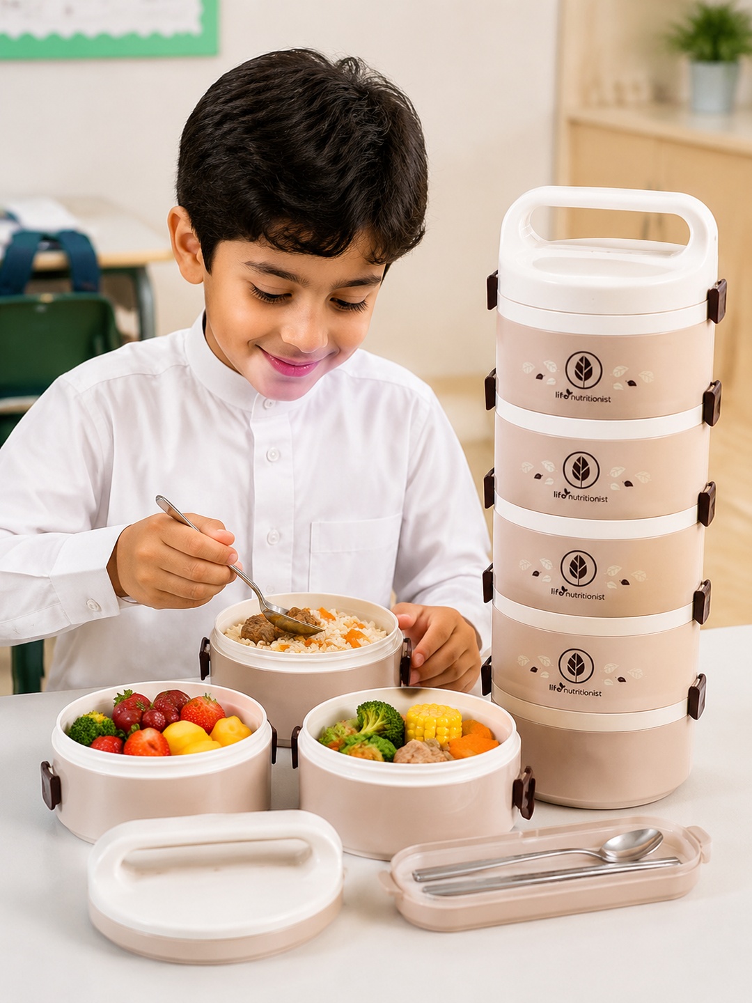 Beige 5-Tier 3050ml Insulated Lunch Box with Cutlery
