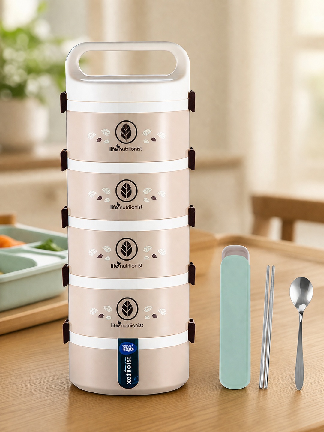 Beige 5-Tier 3050ml Insulated Lunch Box with Cutlery