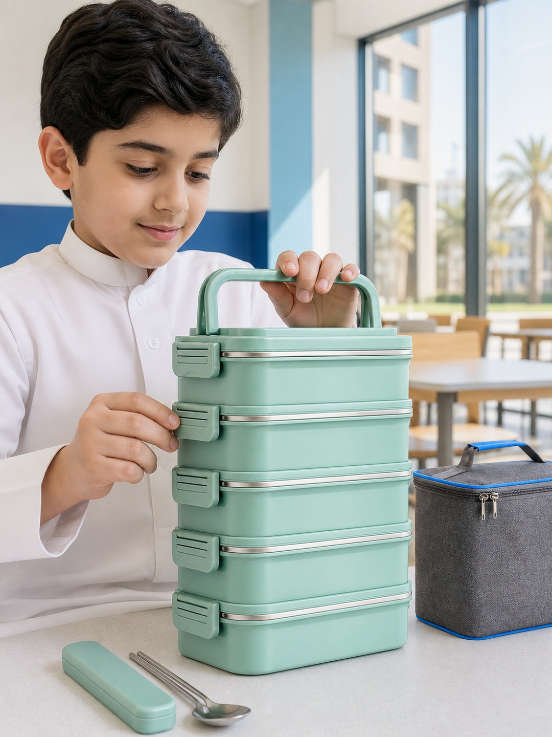 Green 5-Tier Stainless Steel Lunch Box Set with Insulated Bag