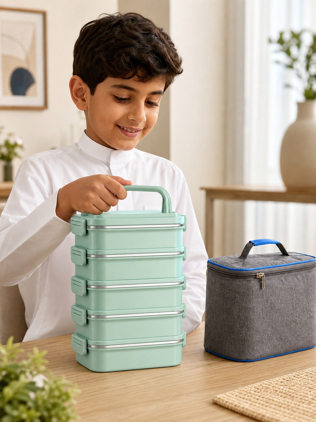 Green 5-Tier Stainless Steel Lunch Box Set with Insulated Bag