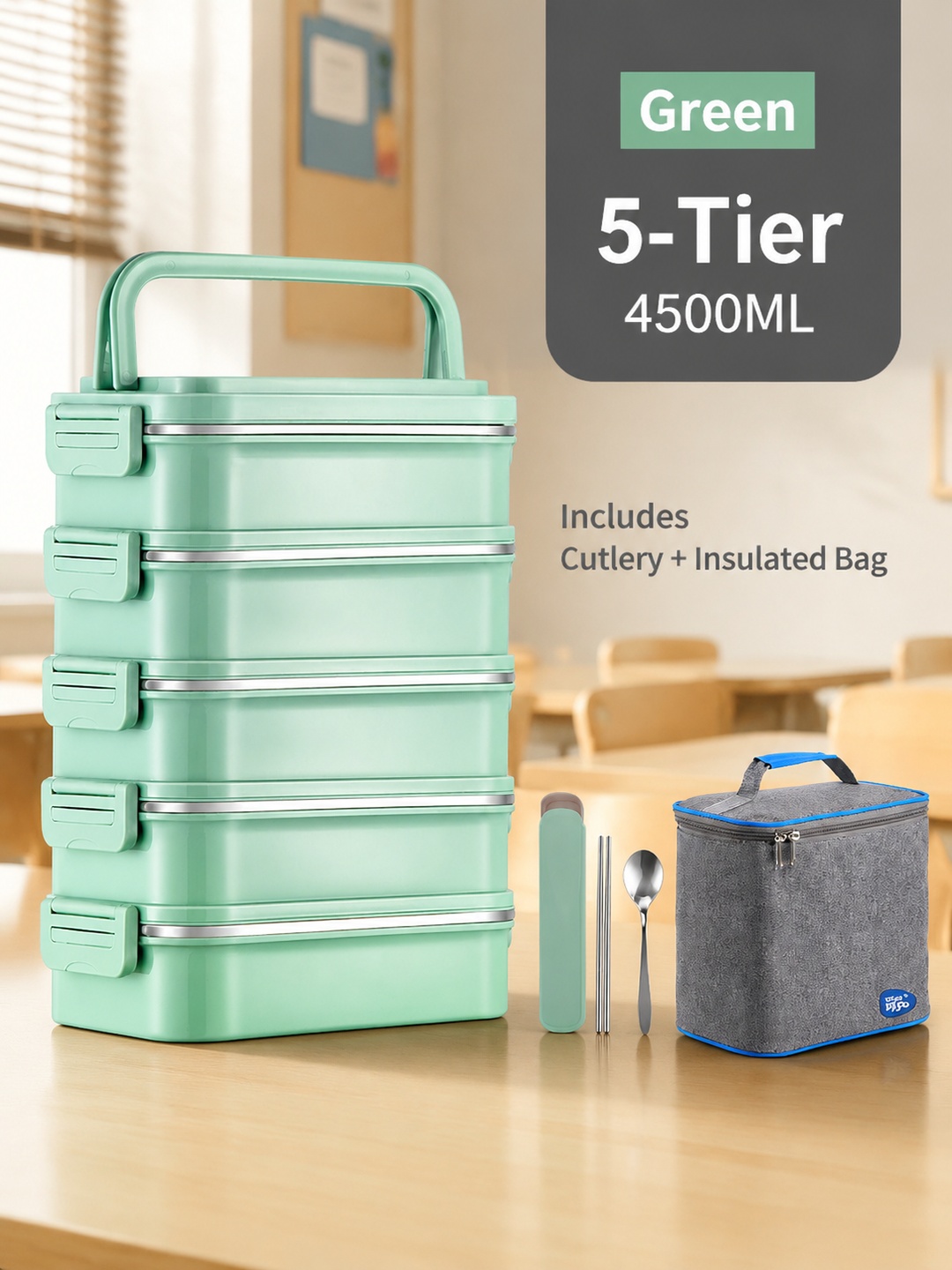Green 5-Tier Stainless Steel Lunch Box Set with Insulated Bag