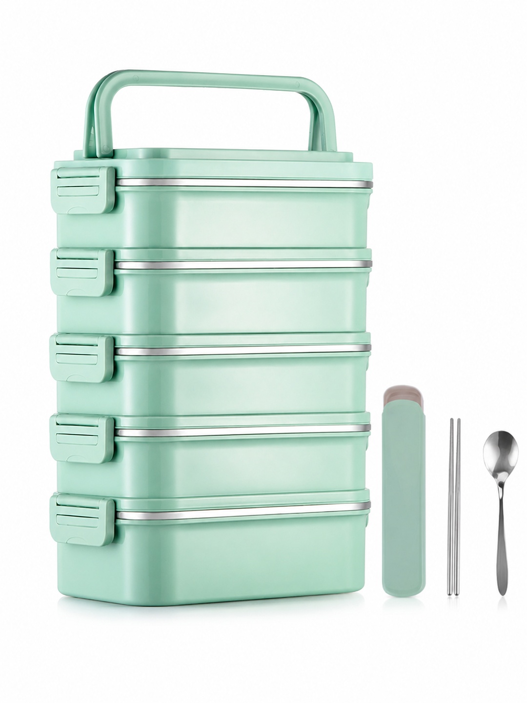 Green 5-Tier 4500ml Stainless Steel Lunch Box with Cutlery