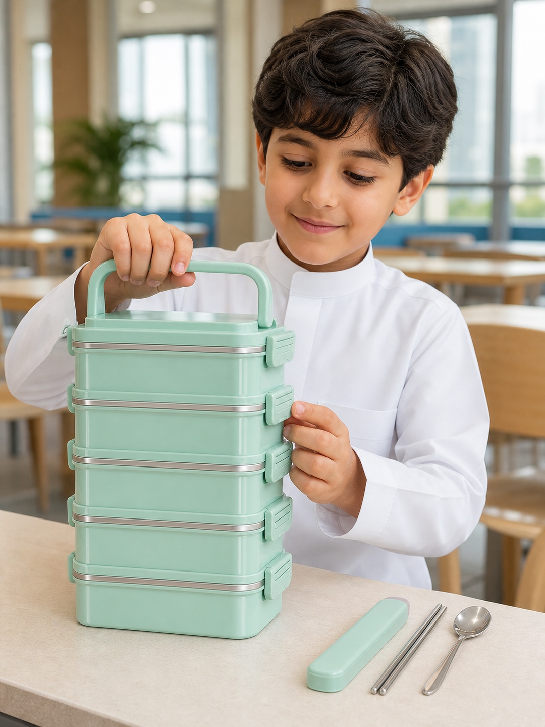 Green 5-Tier 4500ml Stainless Steel Lunch Box with Cutlery