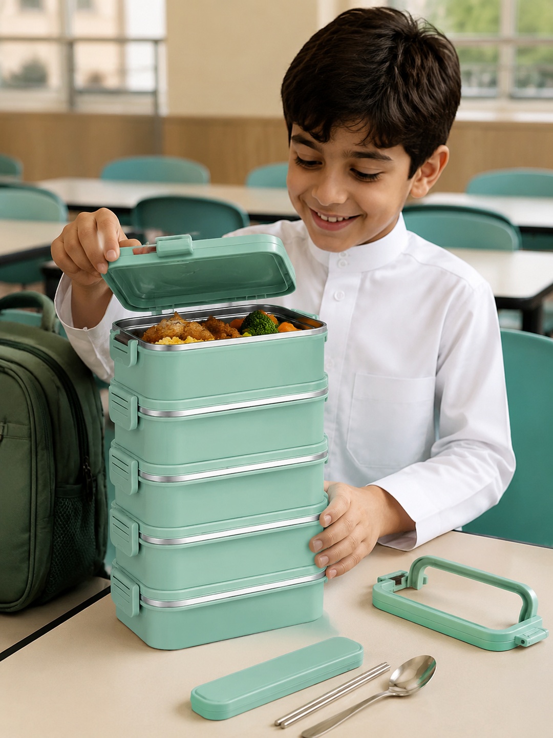 Green 5-Tier 4500ml Stainless Steel Lunch Box with Cutlery