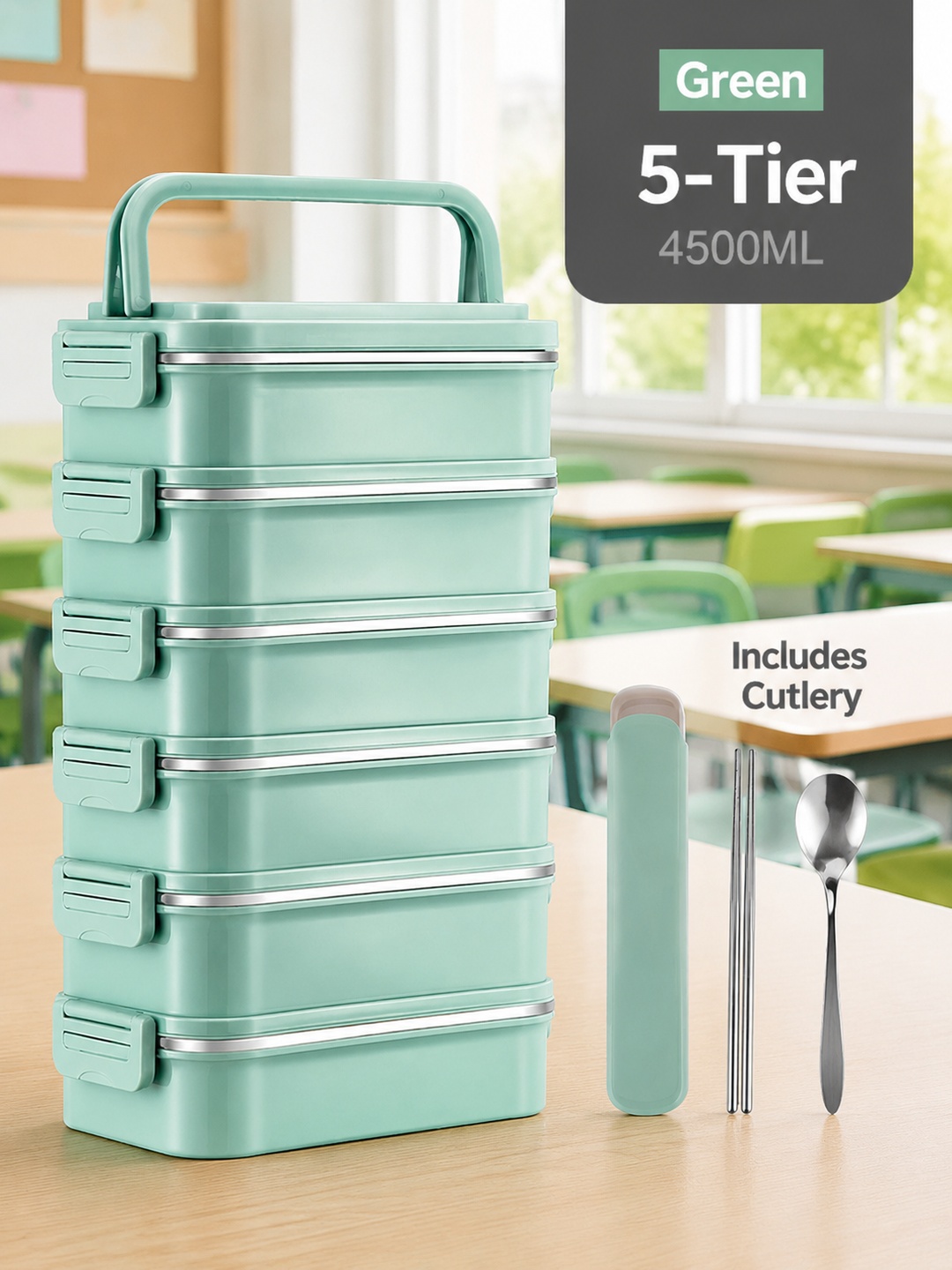 Green 5-Tier 4500ml Stainless Steel Lunch Box with Cutlery