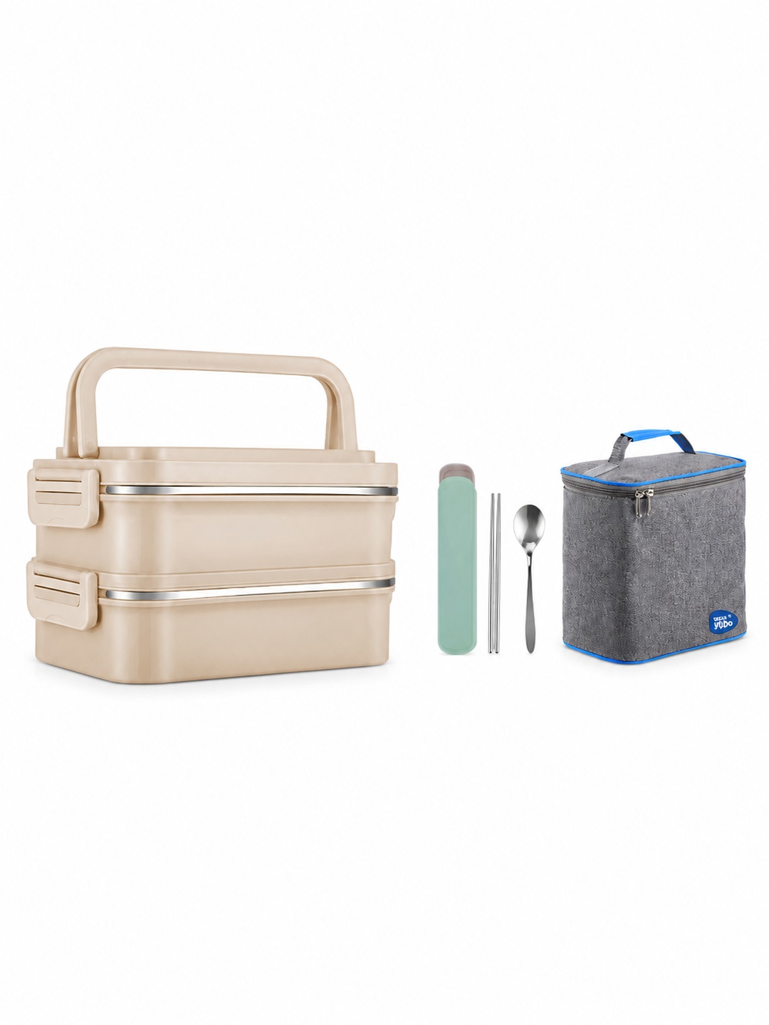 Khaki 1800ml 2-Tier Stainless Steel Lunch Box with Insulated Bag