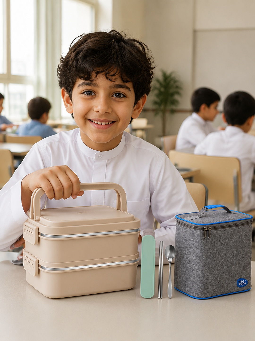 Khaki 1800ml 2-Tier Stainless Steel Lunch Box with Insulated Bag