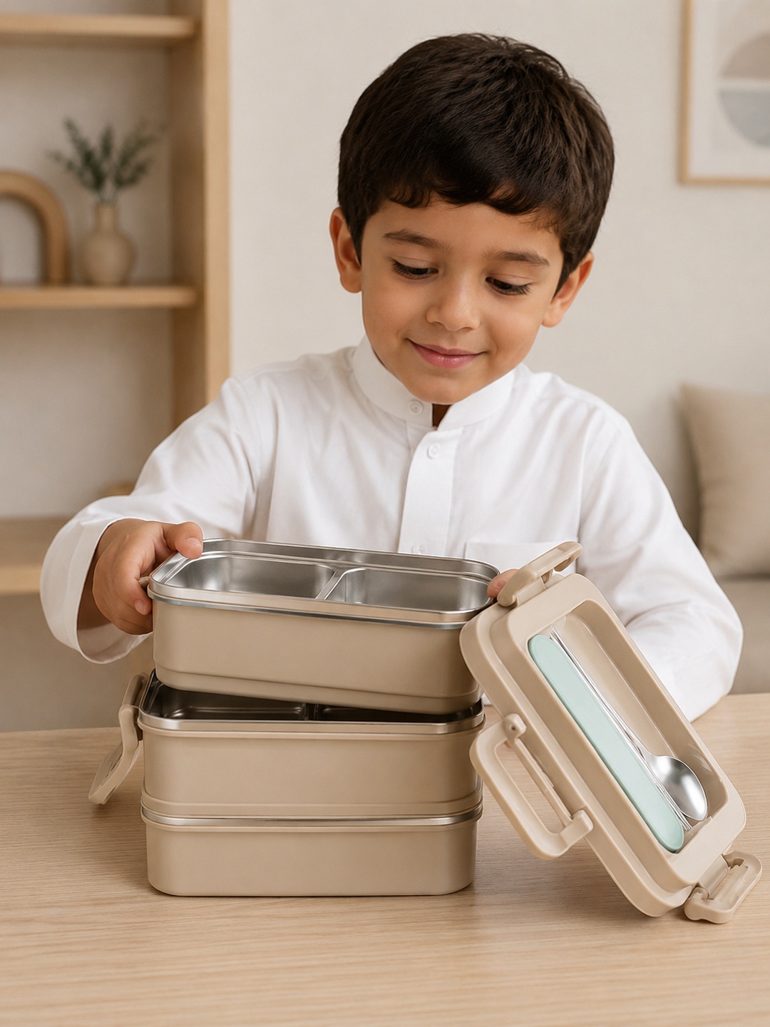 Khaki 1800ml 2-Tier Stainless Steel Lunch Box with Insulated Bag