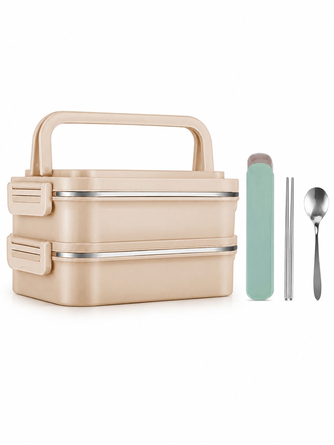 Beige 1800ml 2-Tier Stainless Steel Lunch Box with Utensils