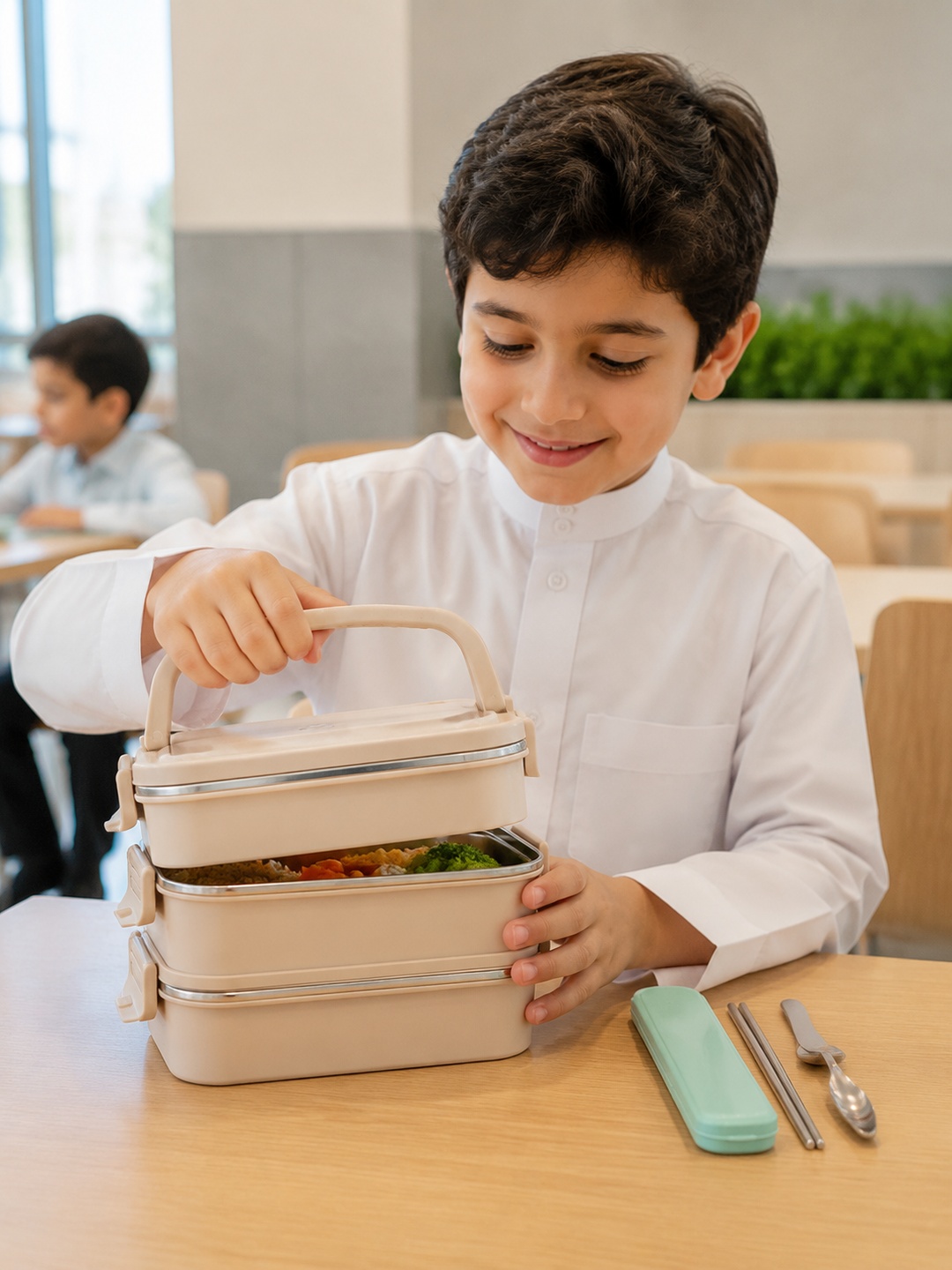 Beige 1800ml 2-Tier Stainless Steel Lunch Box with Utensils