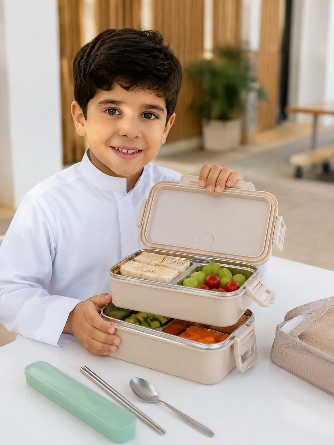 Beige 1800ml 2-Tier Stainless Steel Lunch Box with Utensils
